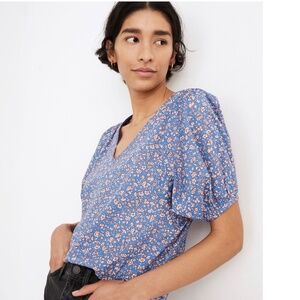 Madewell V Neck Puffed Sleeve Top Summer Vines Floral Blue M